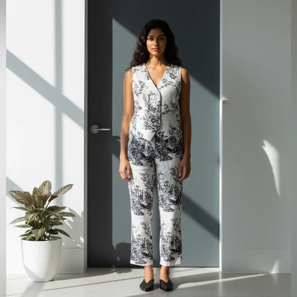 Joie Black & White 2pc Linen Pant Set L Top/10 Pant - Picture 7 of 13